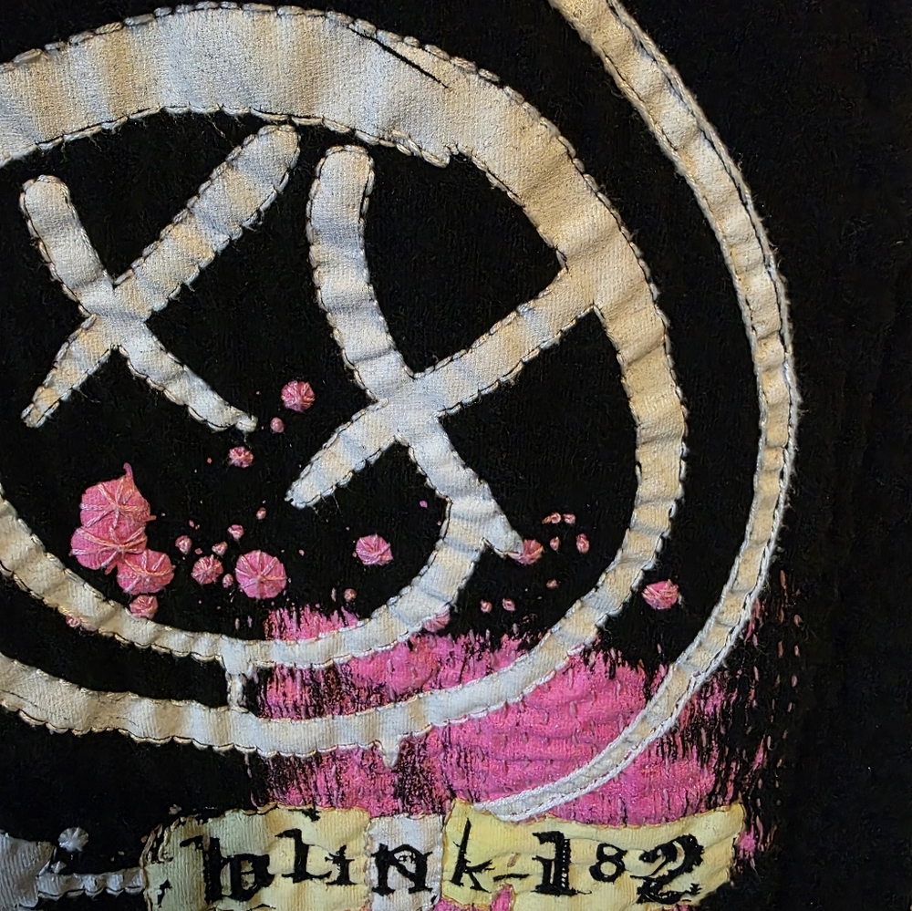 HAND CRAFTED Jacket UPCYCLED White Denim Embroidered BLINK 182 Tee Size XXL - Picture 5 of 11